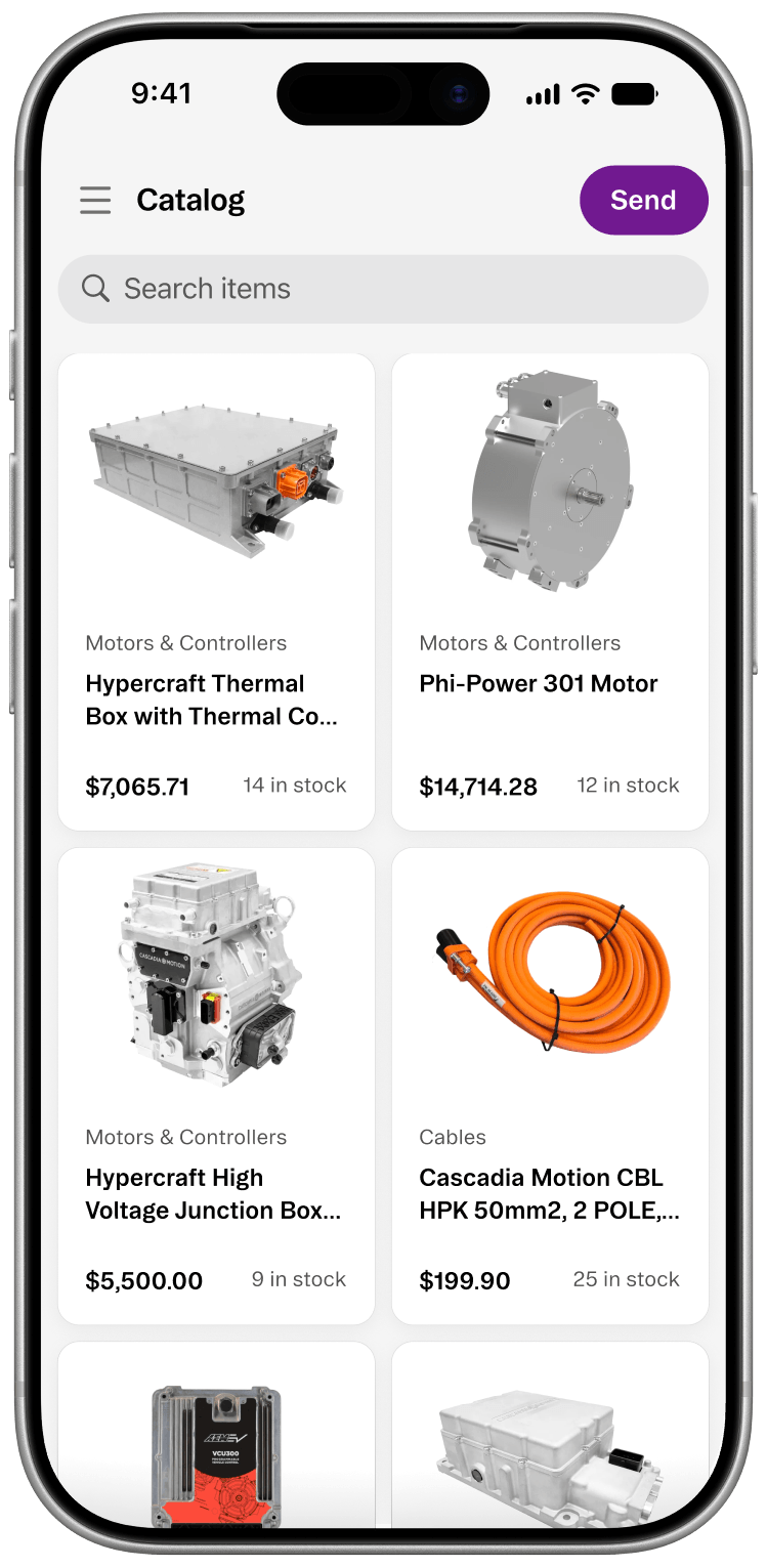 The same catalog on a phone, each part listed with its price and how many are in stock