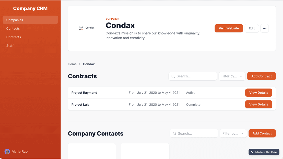 Glide • Company CRM Template Get access to your contacts lists and