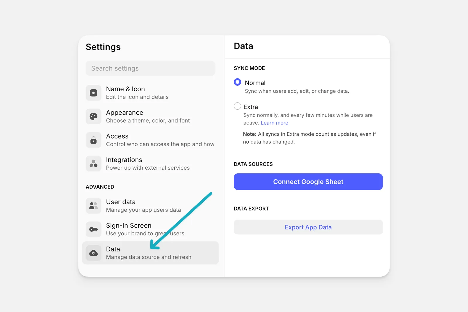 The Data Settings section