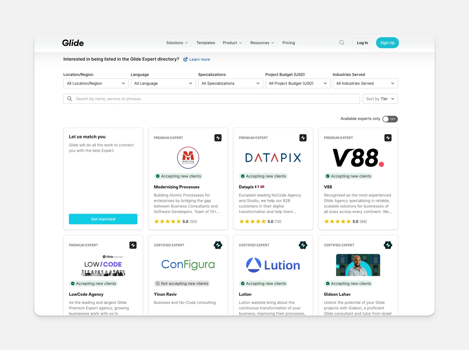 View of the Expert Directory and Service Marketplace