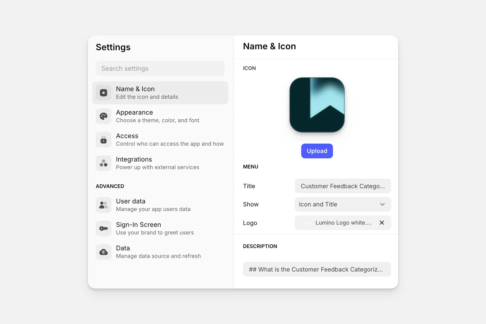 The Name & Icon settings section