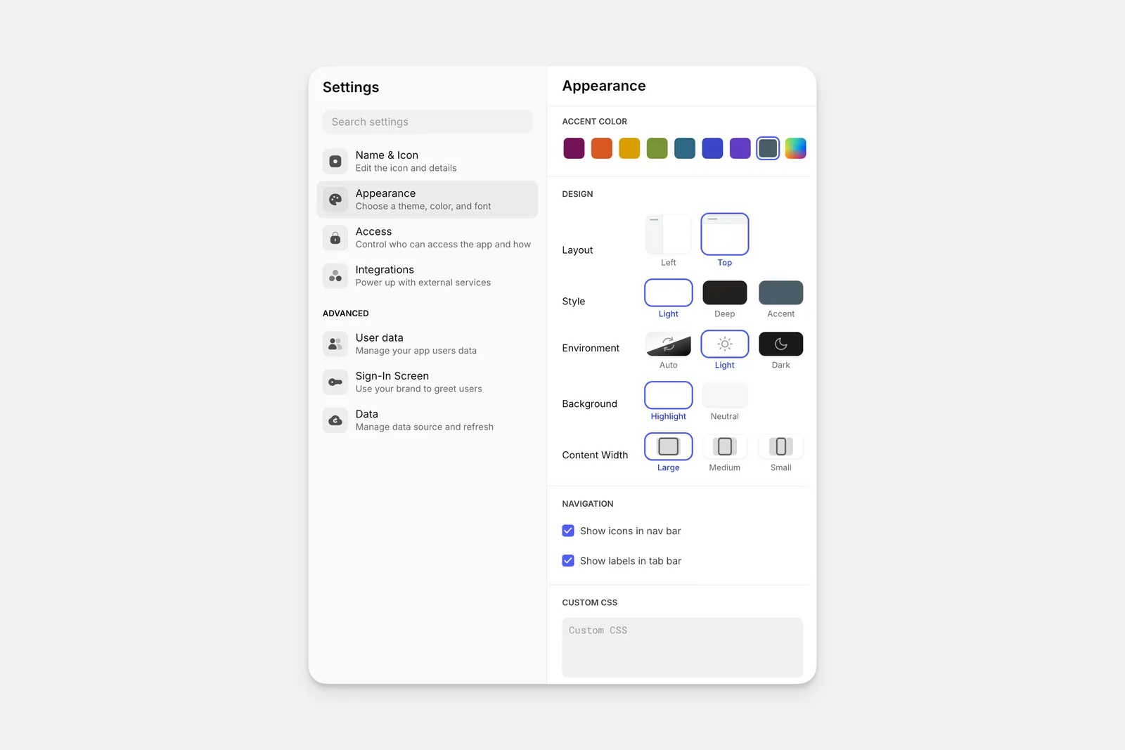 The Appearance settings section