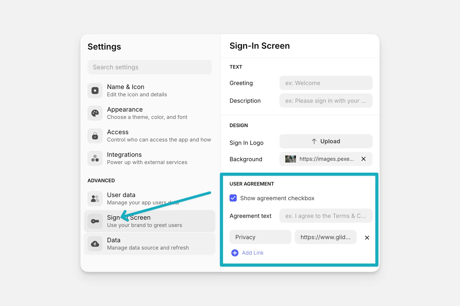 The User Agreements settings section