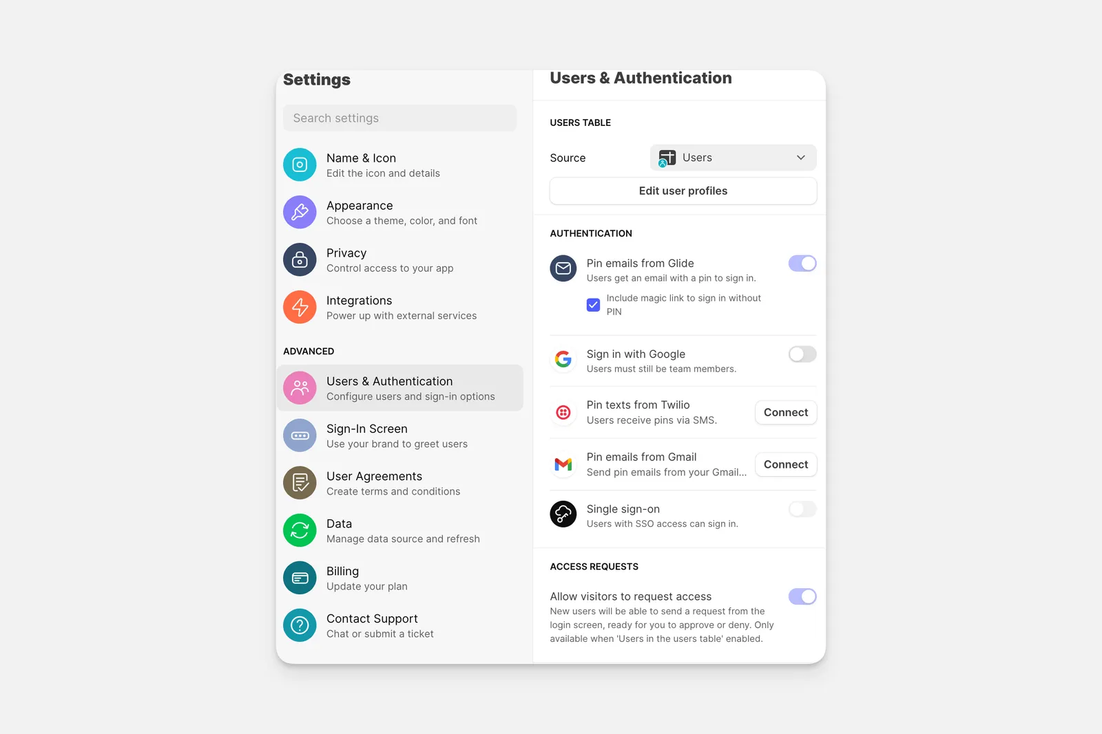 The Users & authentication settings section