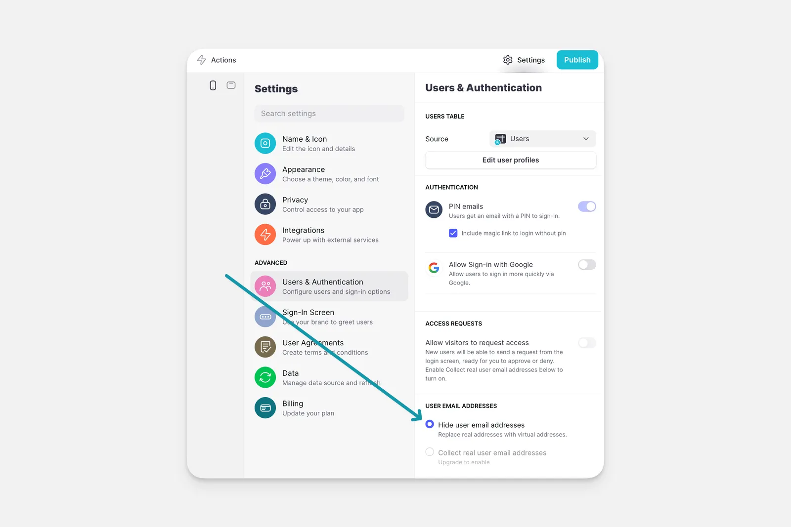 Hiding user email addresses in a Glide app.
