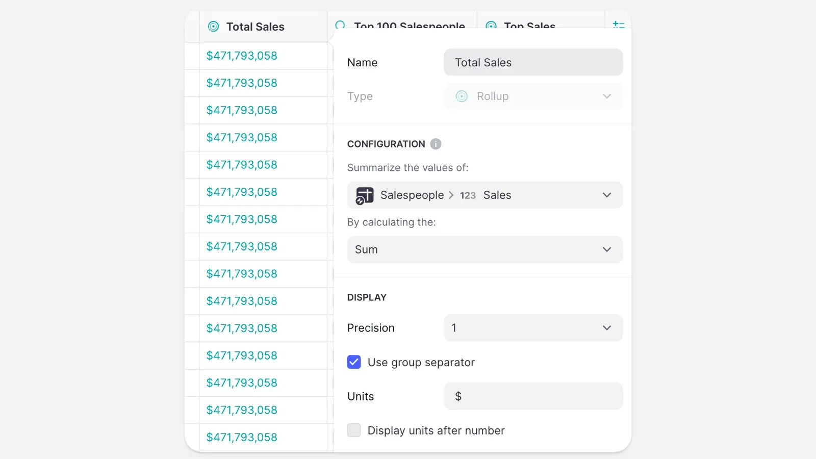 A Rollup column with the sum of all sales.