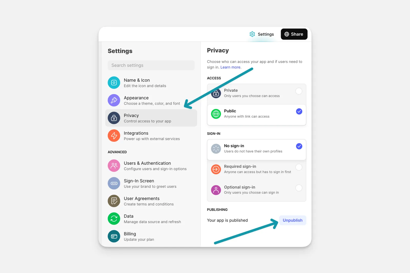 The Unpublish button in the Privacy Settings of an app.