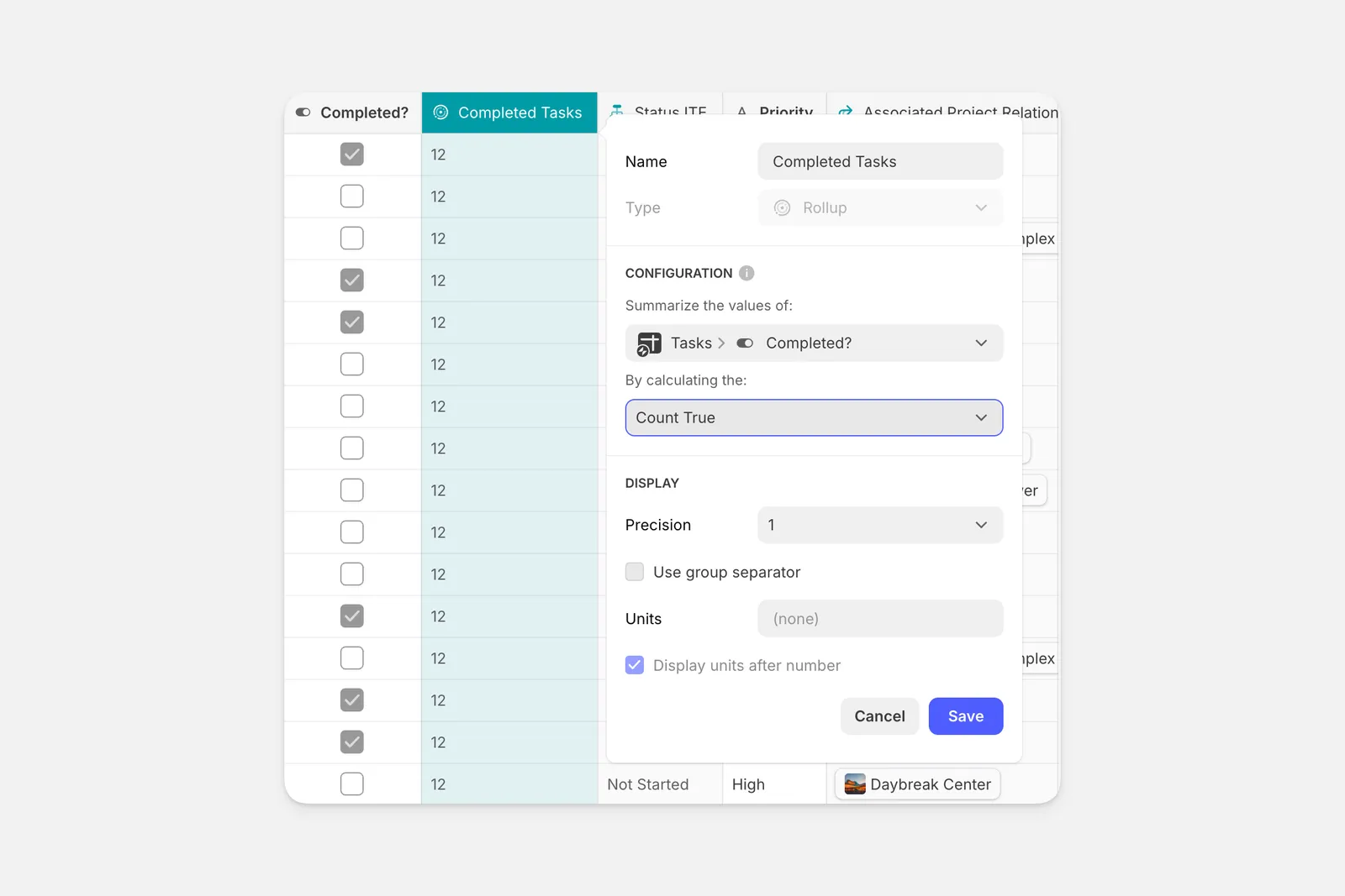 Creating a Rollup Column that counts all the tasks with the values of TRUE.