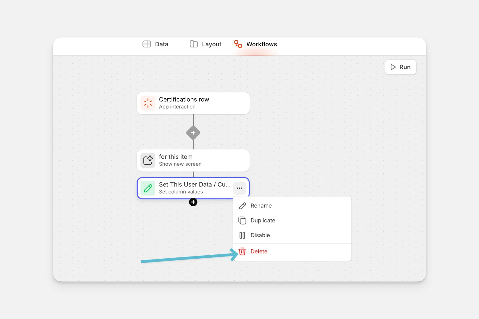 Deleting an action in a workflow.