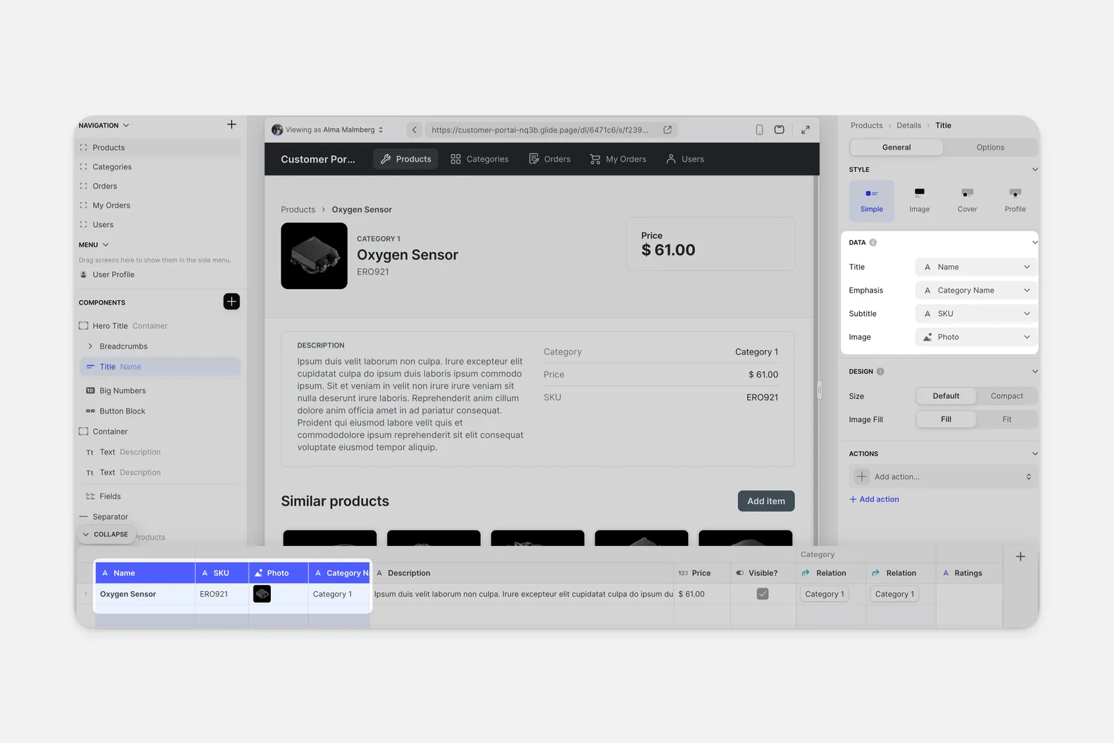 The configuration for the Collection Component (on the left) can show four columns from your table (right).