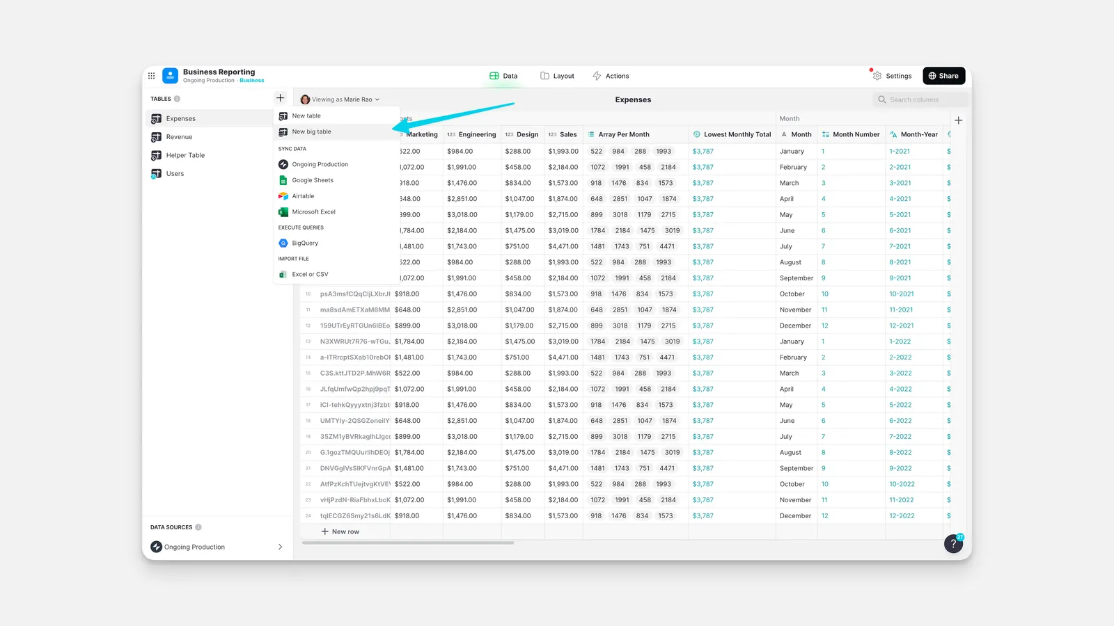 Creating a Big Table in the Data Editor.