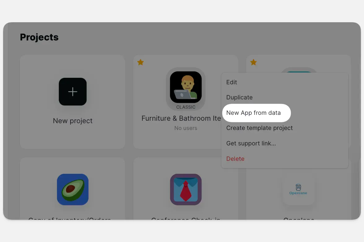 Creating a new app from data.