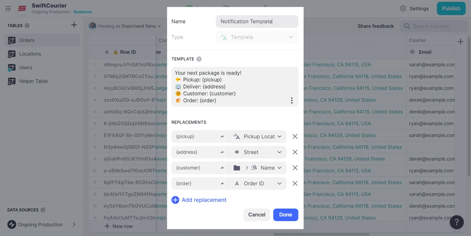 Template column for SwiftCourier SMS.