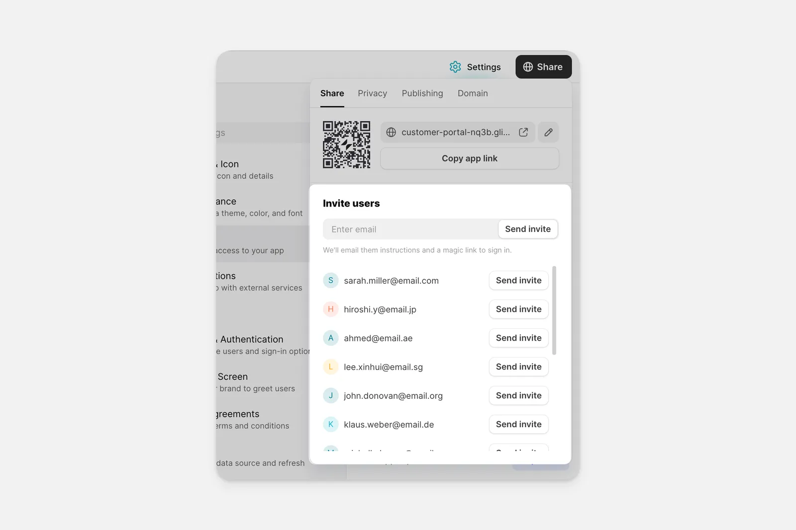 Inviting users to a Glide app.