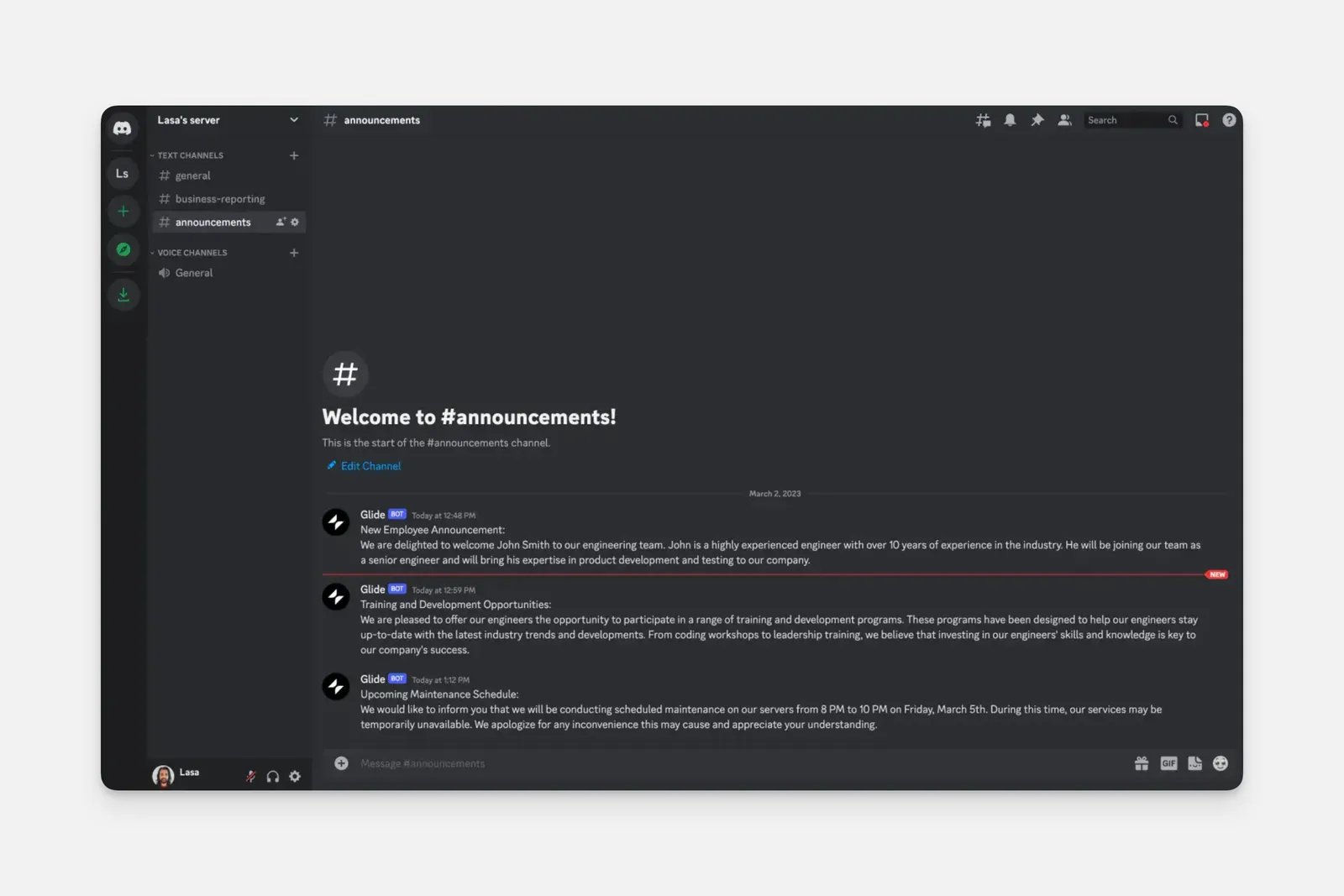 The Discord integration sending messages in a channel.