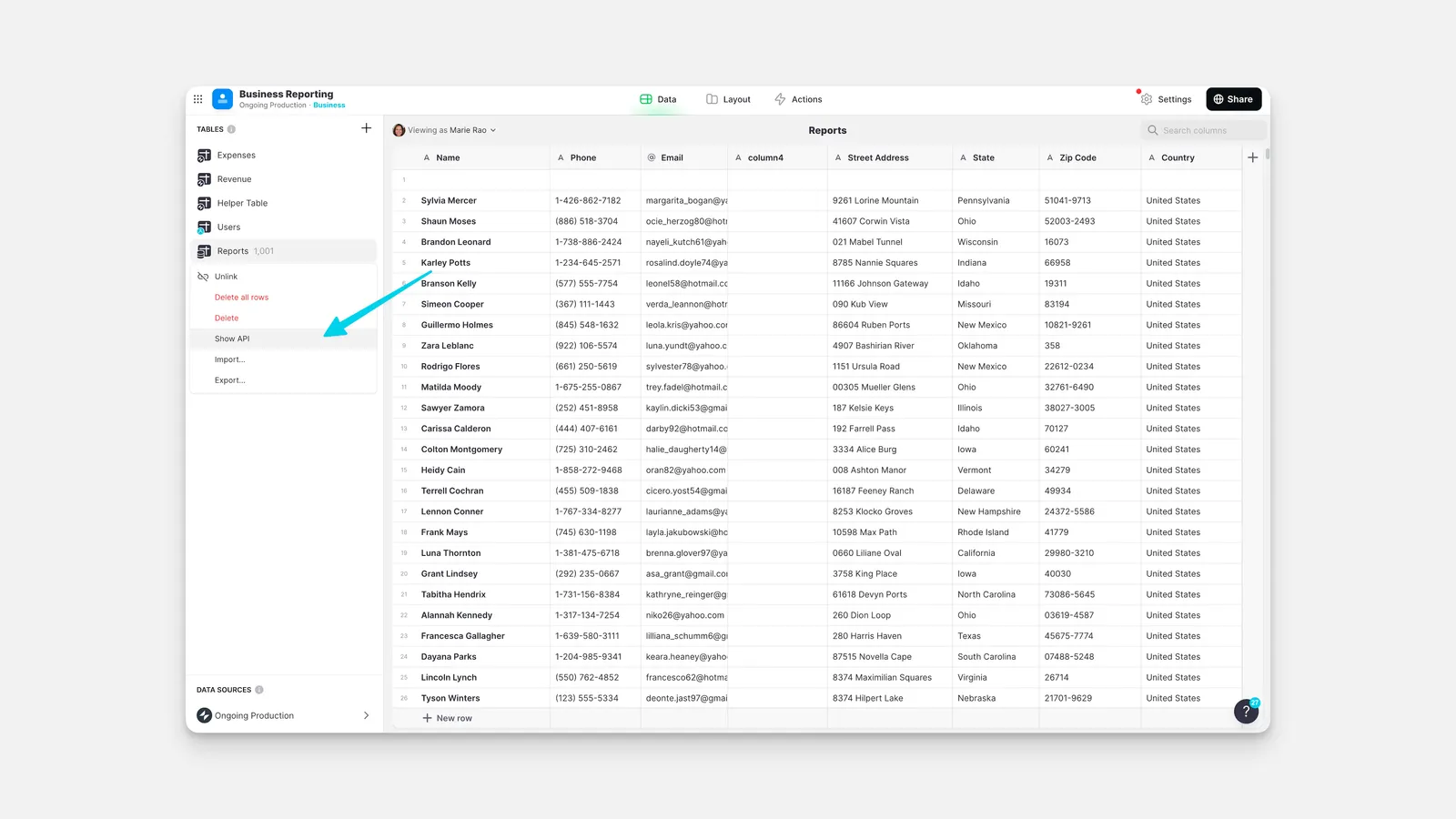 Show API options in the Data Editor.