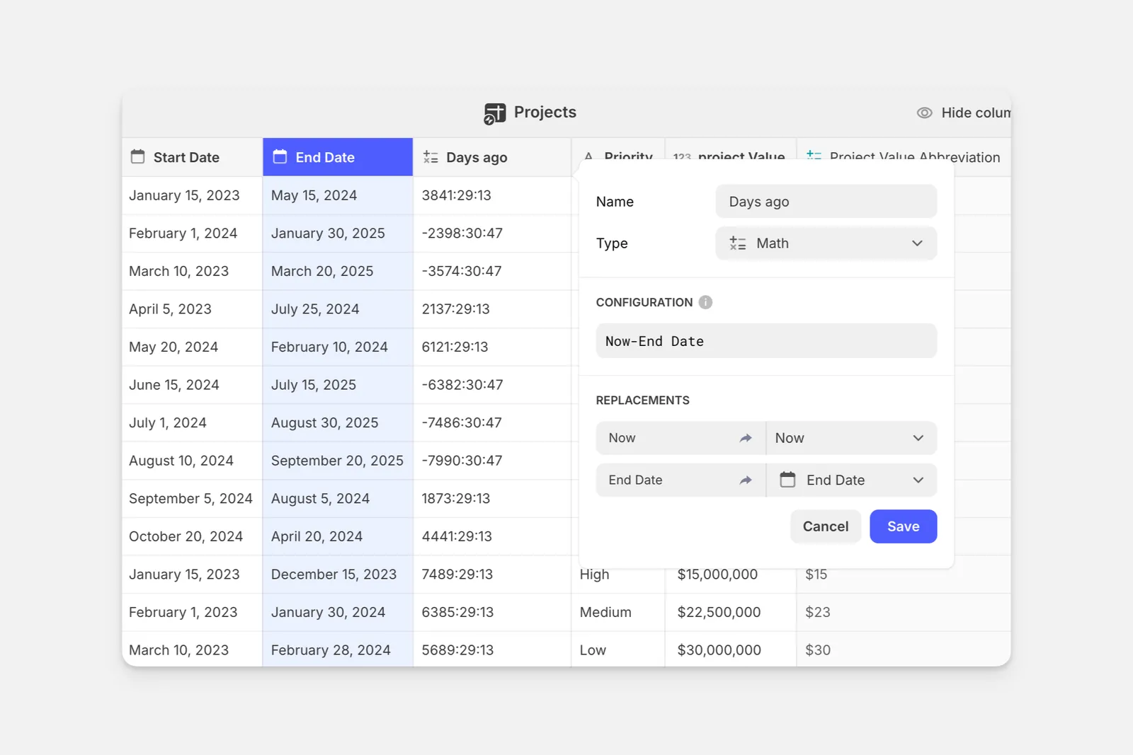 Configuring the Date & Time match column.
