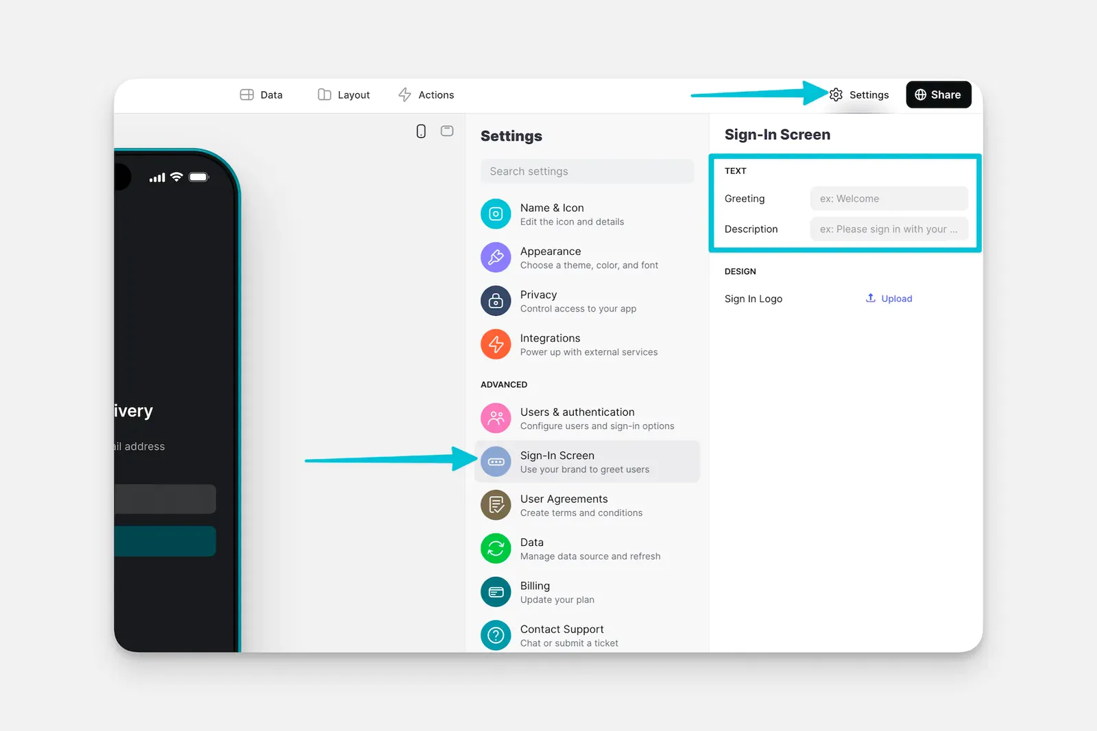 Adding text to a sign-in screen.