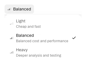 The Model Picker showing Light, Balanced, and Heavy modes
