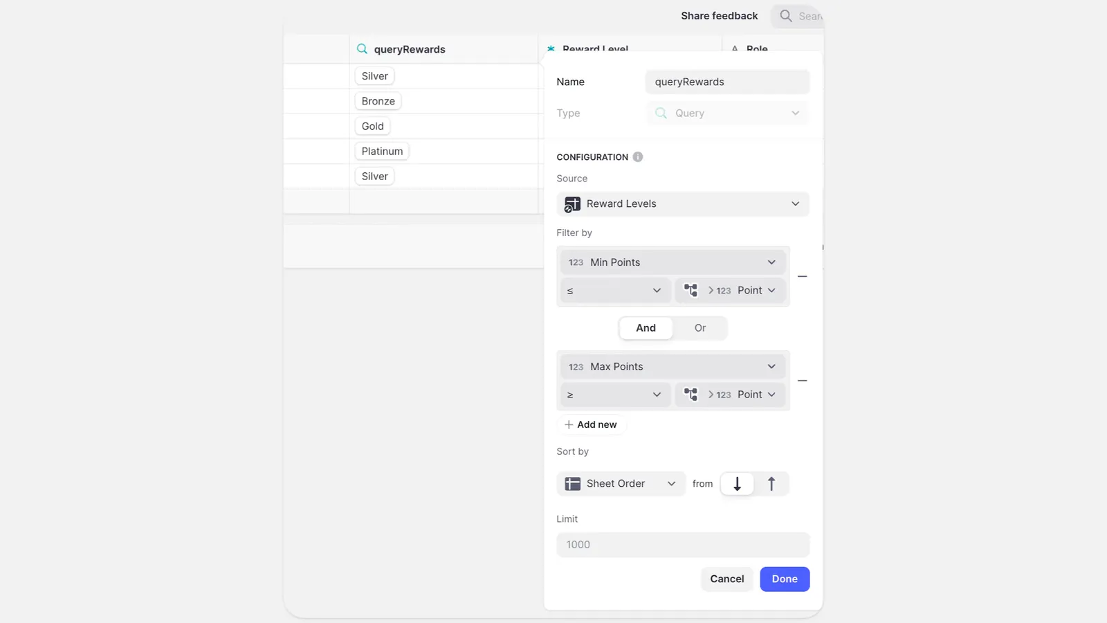 Calculating rewards with a query column.