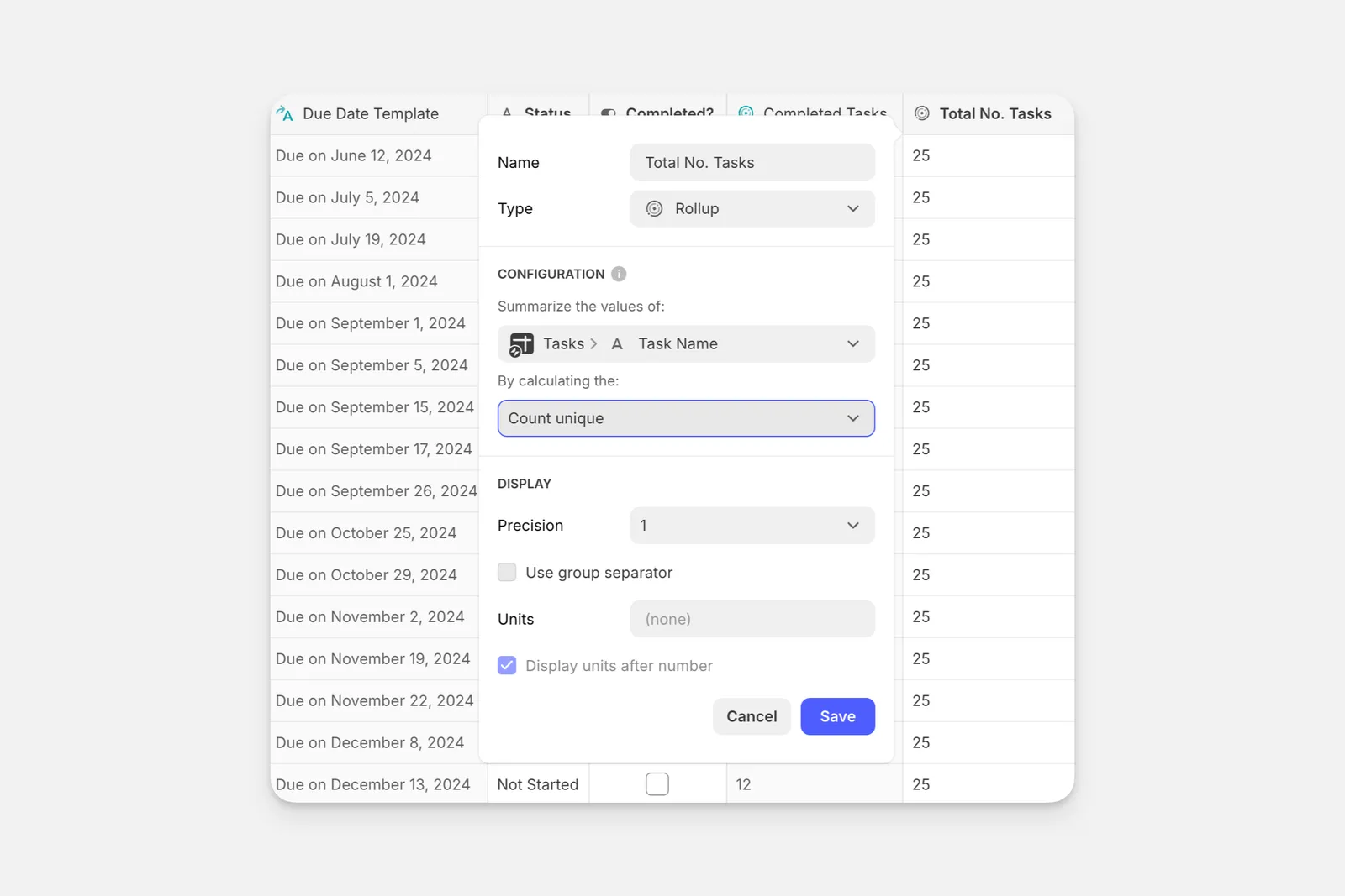Creating a Rollup Column that counts all the unique tasks.