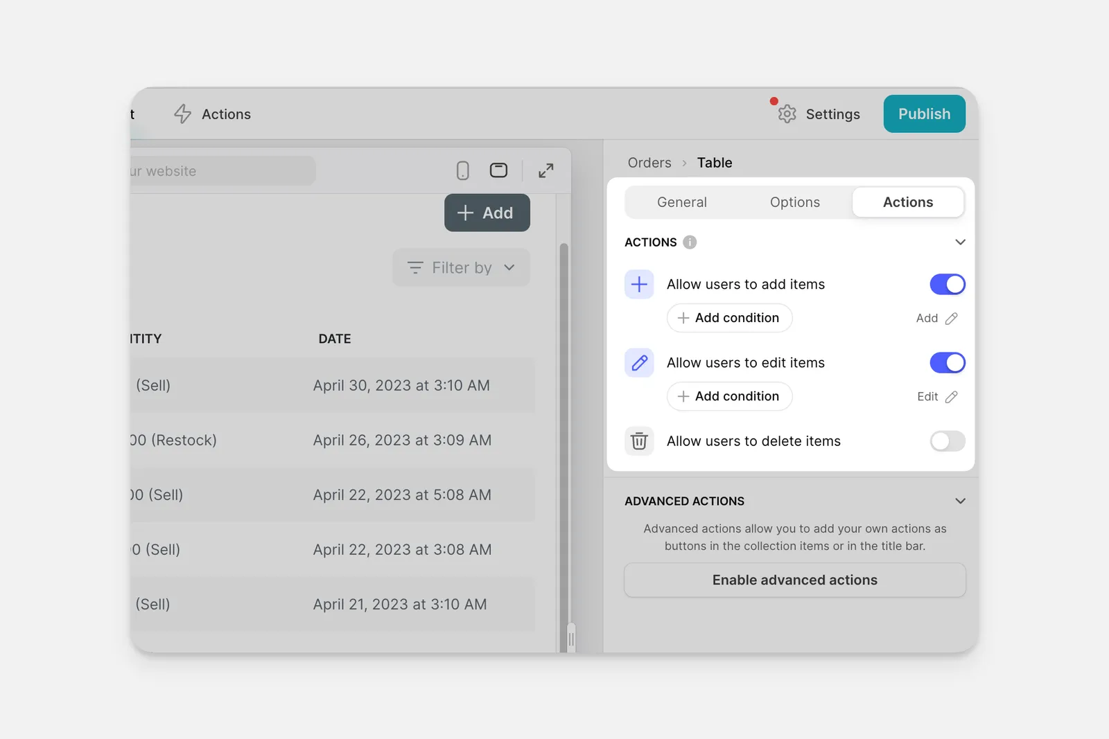Enabling and disabling actions for certain users in collections.