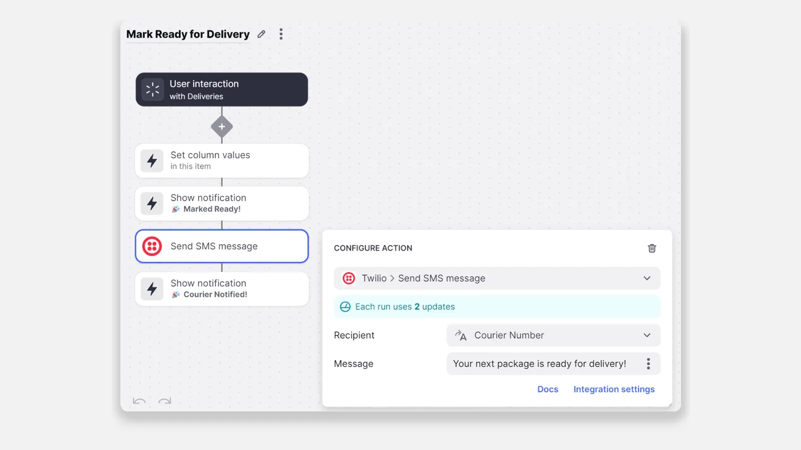 Custom action workflow for sending Twilio SMS to couriers.